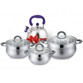 "LARA" Набор посуды (1,9 л; 3,6 л; 6,1 л) + чайник в подарок (2,5 л), нерж.сталь, капсул.дно, серия "Bell Promo"   LR02-92
